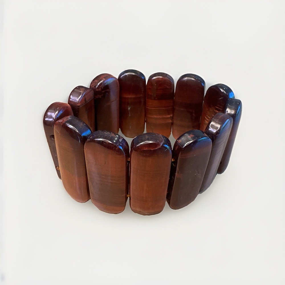 Vintage Natural Red Tigers Eye Gemstone Bangle Rectangle Elastic Cuff Stretch